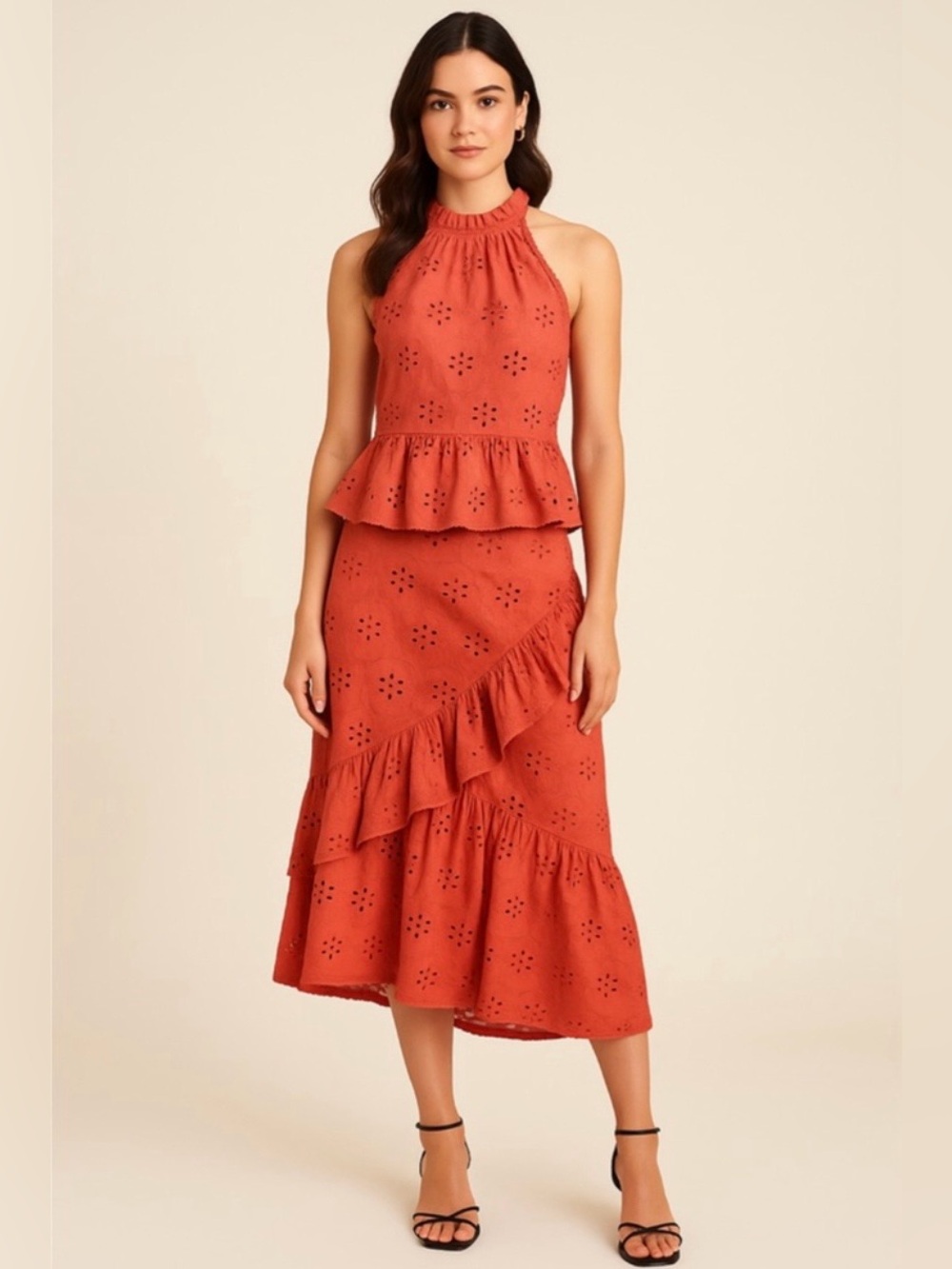 Ryegrass Rust Red Orange Eyelet Ruffle Sleeveless Blouse